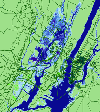 Seawater inundation projected for New York City by 2033 and its effect on internet infrastructure. Fiber cables cables are shown in green lines. Blue shaded areas is estimated to be underwater in 15 years due to climate change.